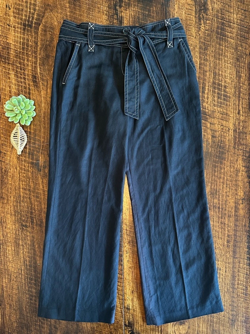 Larry Levine | VTG Linen Blend Wide Leg Belted Pants Black, Size 12 - Picture 1 of 10